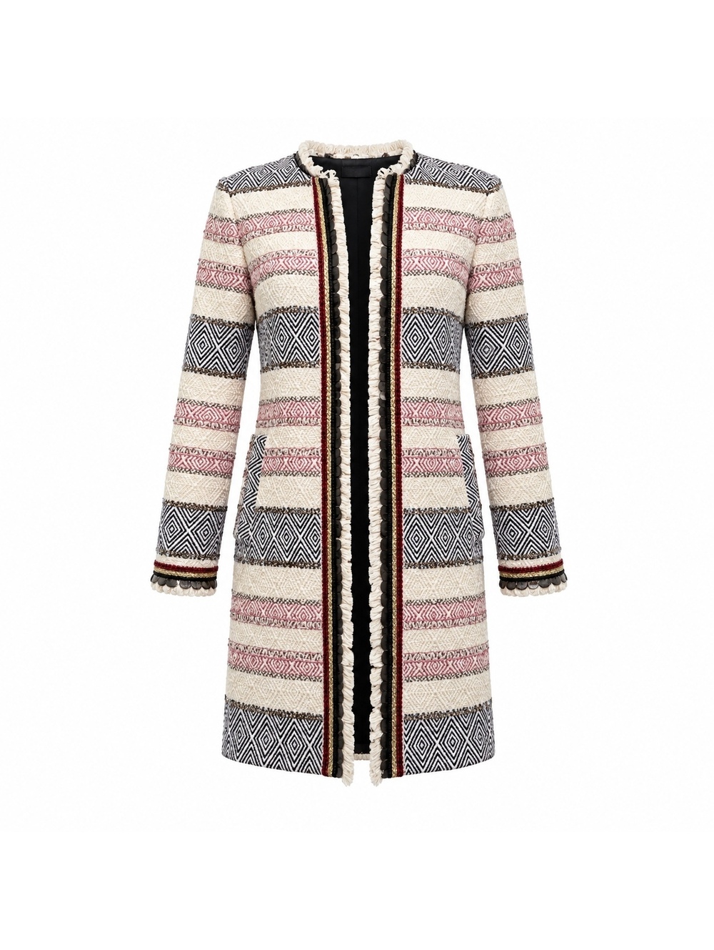 Zara Woman Striped Tweed Long Coat with Fringe Detail Size Small